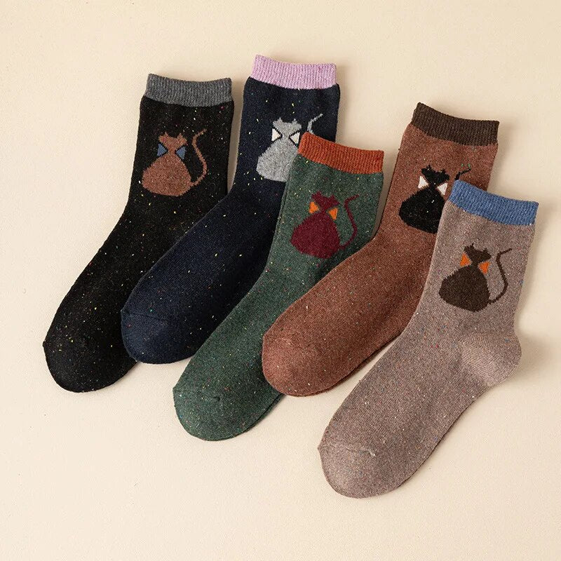 Anyfootwear 5 Pairs Size 35-40 Mixed Color Cat Bowtie Cartoon Fashion Socks High Quality Woollen Stockings Foot Wear