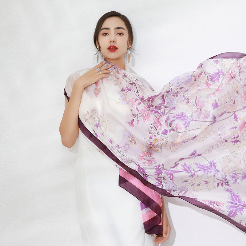 Anyyou 100% Mulberry Silk Purple Long Scarf Luxury Brand Women Beach Shawl Wear Swimwear Pashimina Face Shield Foulard