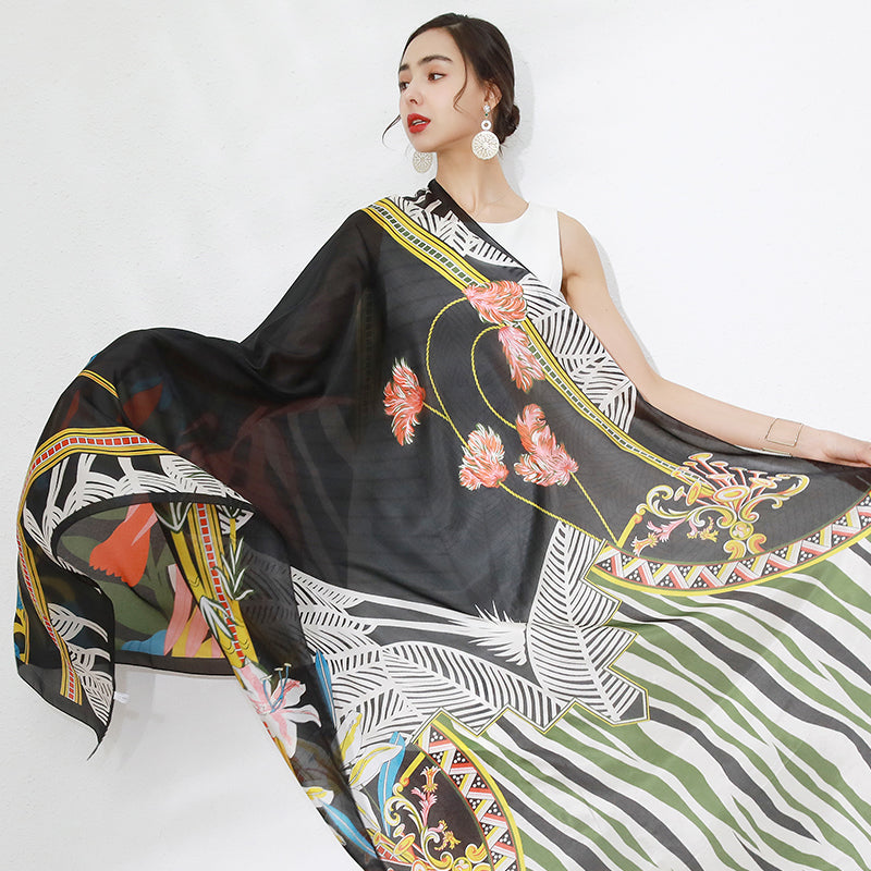 Anyyou 100% Mulberry Silk Ebony Black Long Scarf Luxury Brand Women Beach Shawl Wear Swimwear Pashimina Face Shield Foulard