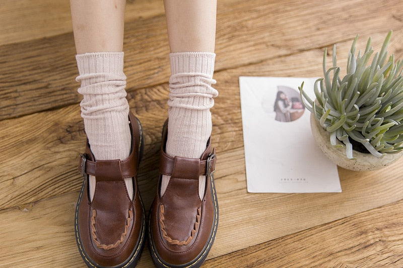 Anyfootwear 5 Pairs One Size 36-43 Gray Retro Long Knitted Socks Cotton Autumn Winter Solid Color Women Student Girls