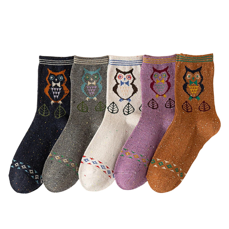 Anyfootwear 5 Pairs Size 35-40 Mixed Color Owl Cartoon Fashion Socks High Quality Woollen Stockings Foot Wear