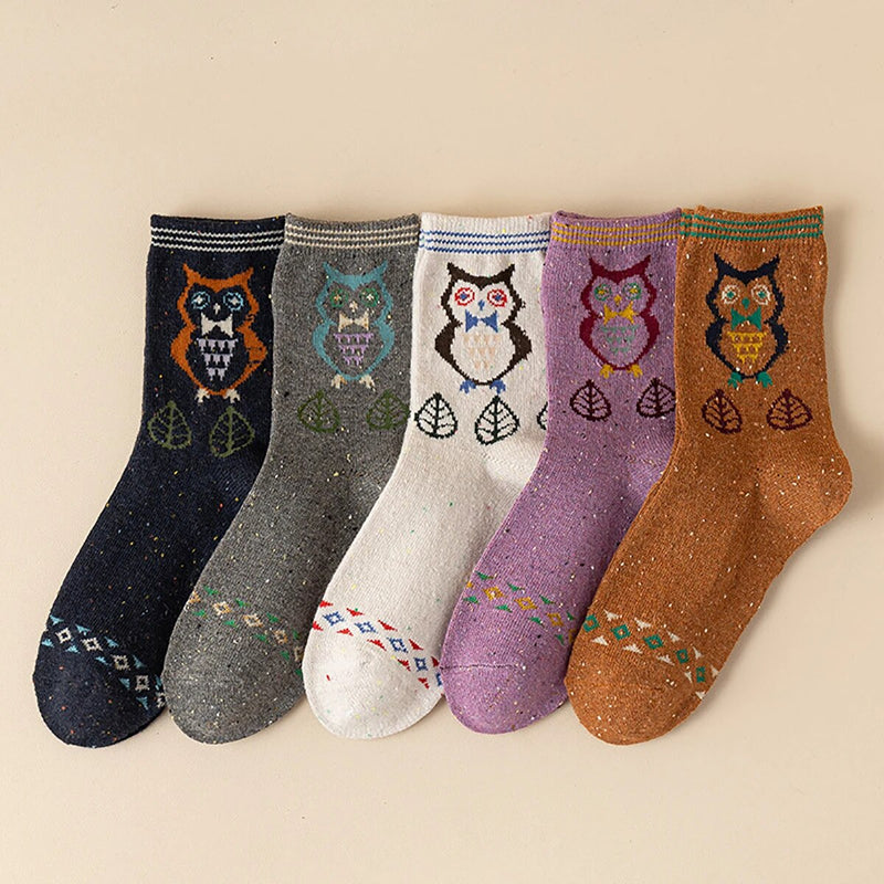 Anyfootwear 5 Pairs Size 35-40 Mixed Color Owl Cartoon Fashion Socks High Quality Woollen Stockings Foot Wear
