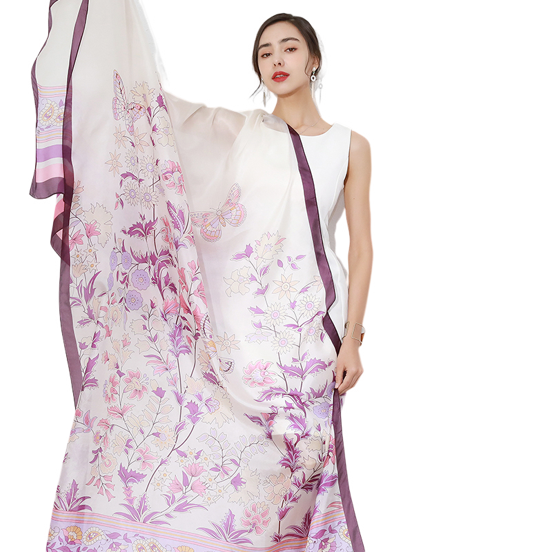 Anyyou 100% Mulberry Silk Purple Long Scarf Luxury Brand Women Beach Shawl Wear Swimwear Pashimina Face Shield Foulard