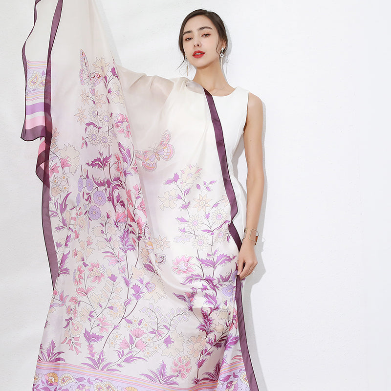 Anyyou 100% Mulberry Silk Purple Long Scarf Luxury Brand Women Beach Shawl Wear Swimwear Pashimina Face Shield Foulard