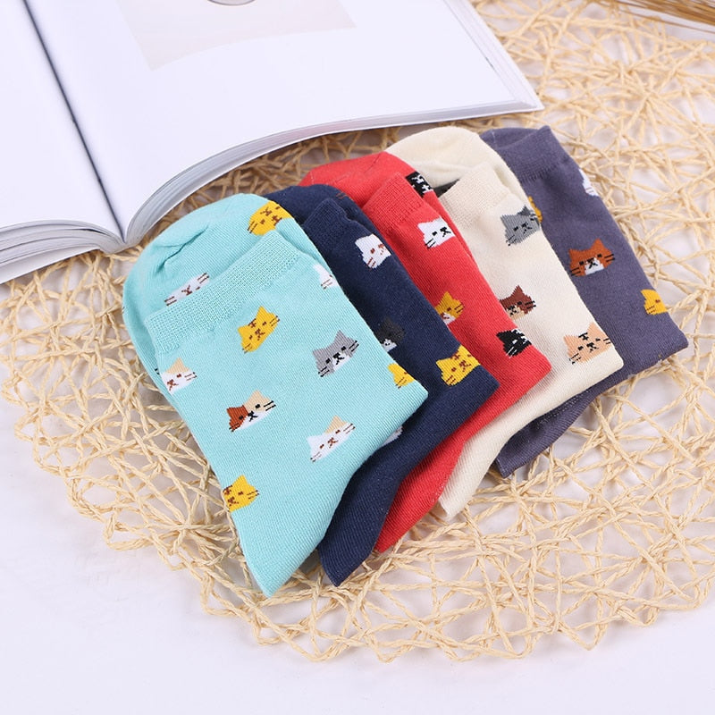 Anyfootwear 5 Pairs One Size 5-9 Mix Colour Cartoon Animal Cute Cat Ankle Short Casual Girl With Thick Warm Cotton Socks for Holiday Gifts