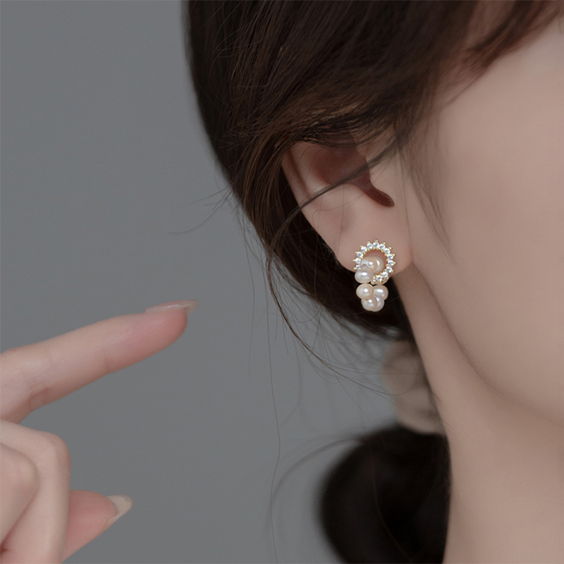 ANYCO  Fashion Earrings  Sterling Silver Sweet Statement Gold Natural Baroque Pearl Stud Earrings for Women Fashion Charm Shiny Zircon Jewelry