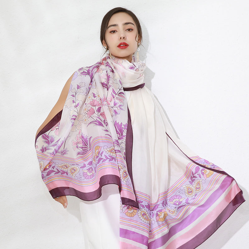 Anyyou 100% Mulberry Silk Purple Long Scarf Luxury Brand Women Beach Shawl Wear Swimwear Pashimina Face Shield Foulard