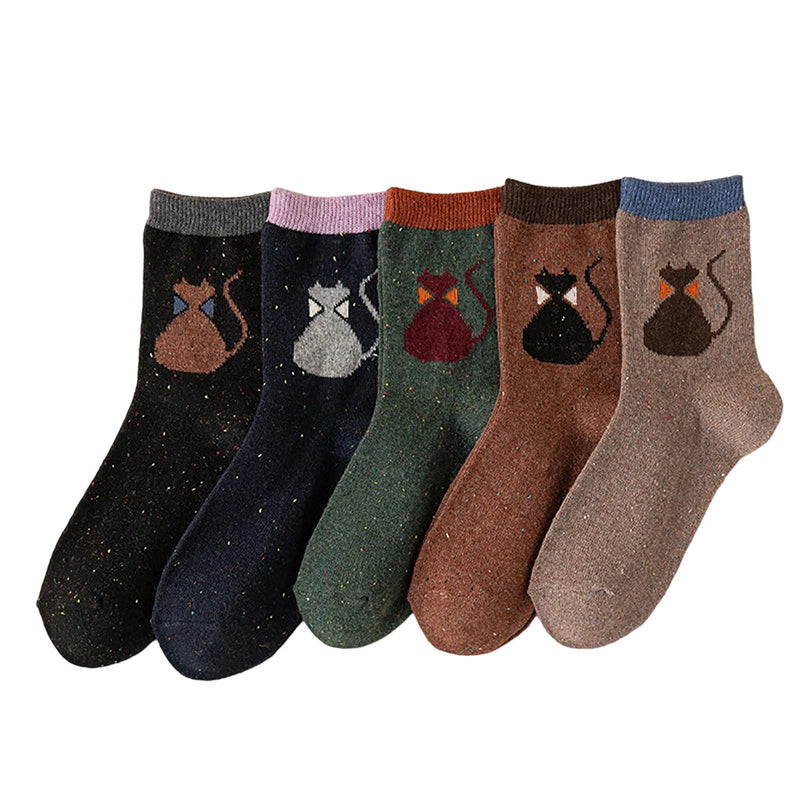 Anyfootwear 5 Pairs Size 35-40 Mixed Color Cat Bowtie Cartoon Fashion Socks High Quality Woollen Stockings Foot Wear
