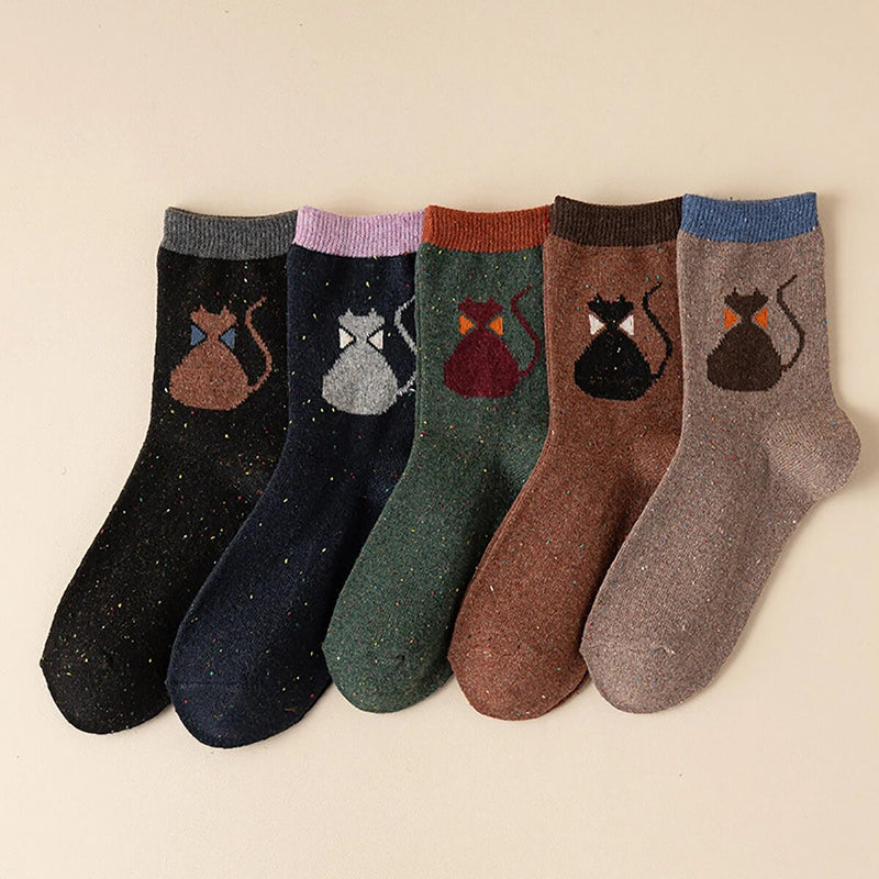 Anyfootwear 5 Pairs Size 35-40 Mixed Color Cat Bowtie Cartoon Fashion Socks High Quality Woollen Stockings Foot Wear