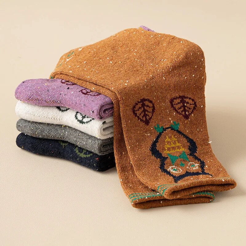 Anyfootwear 5 Pairs Size 35-40 Mixed Color Owl Cartoon Fashion Socks High Quality Woollen Stockings Foot Wear