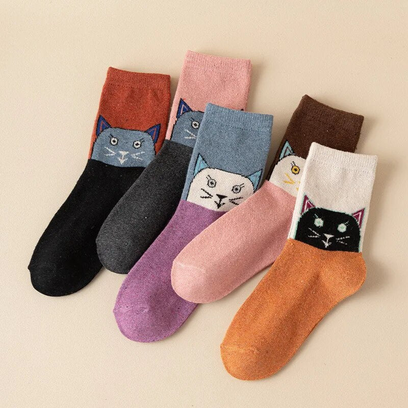 Anyfootwear 5 Pairs Size 35-40 Mixed Color Cat Face Cartoon Fashion Socks High Quality Woollen Stockings Foot Wear