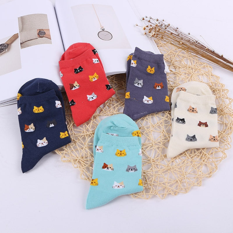 Anyfootwear 5 Pairs One Size 5-9 Mix Colour Cartoon Animal Cute Cat Ankle Short Casual Girl With Thick Warm Cotton Socks for Holiday Gifts