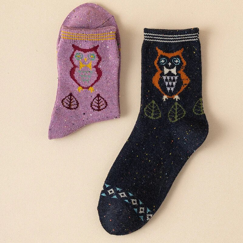 Anyfootwear 5 Pairs Size 35-40 Mixed Color Owl Cartoon Fashion Socks High Quality Woollen Stockings Foot Wear