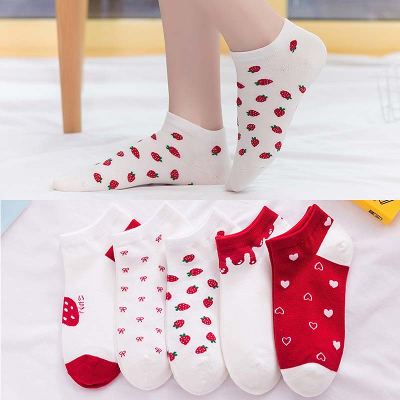 Anyfootwear 5 Pairs One Size 5-9 Mix Strawberry Liner Cotton And Spandex Socks With Fruit Creative Design Brand Perfect for Women