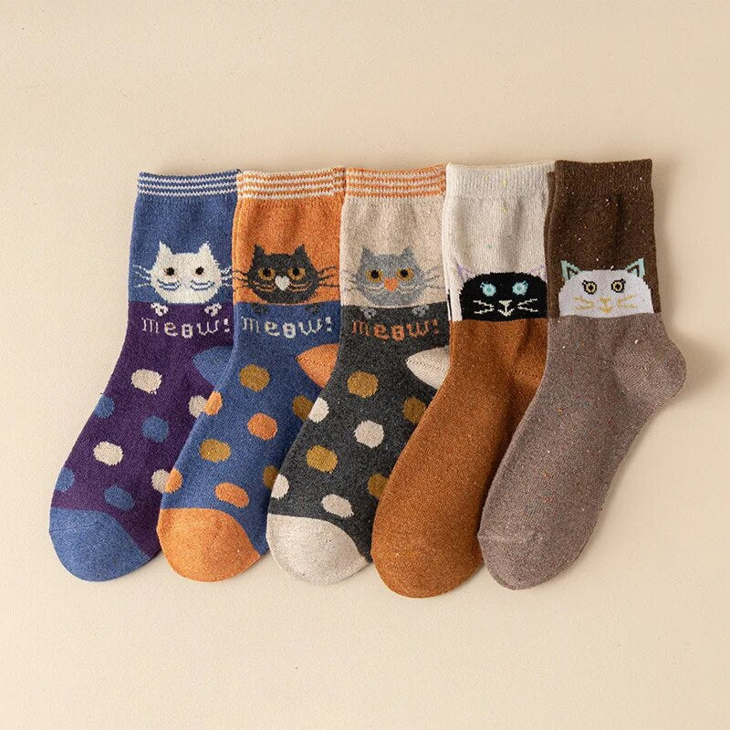 Anyfootwear 5 Pairs Size 35-40 Mixed Color Cat Meow Cartoon Fashion Socks High Quality Woollen Stockings Foot Wear