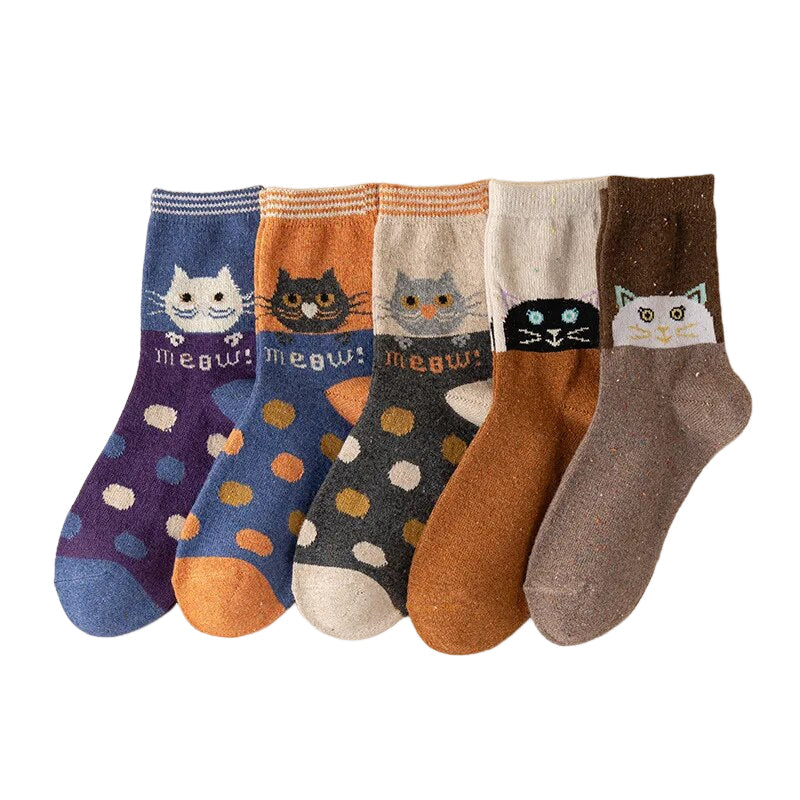 Anyfootwear 5 Pairs Size 35-40 Mixed Color Cat Meow Cartoon Fashion Socks High Quality Woollen Stockings Foot Wear