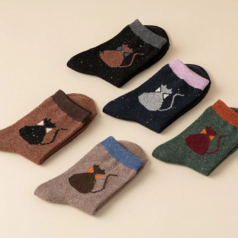 Anyfootwear 5 Pairs Size 35-40 Mixed Color Cat Bowtie Cartoon Fashion Socks High Quality Woollen Stockings Foot Wear