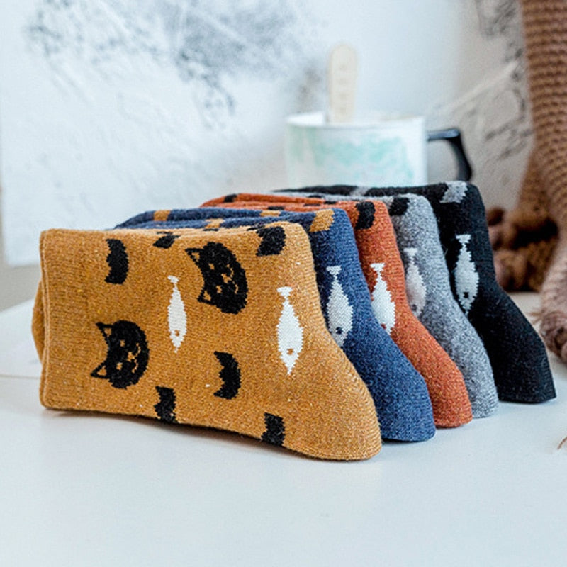 Anyfootwear 5 Pairs Size 5-9 Mix Color Kittens Winter Thick And Warm Wool Socks Casual Euramerican National Wind-Flowers Fashion Cotton Socks