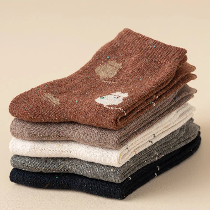 Anyfootwear 5 Pairs Size 35-40 Mixed Color Cat Cartoon Fashion Socks High Quality Woollen Stockings Foot Wear