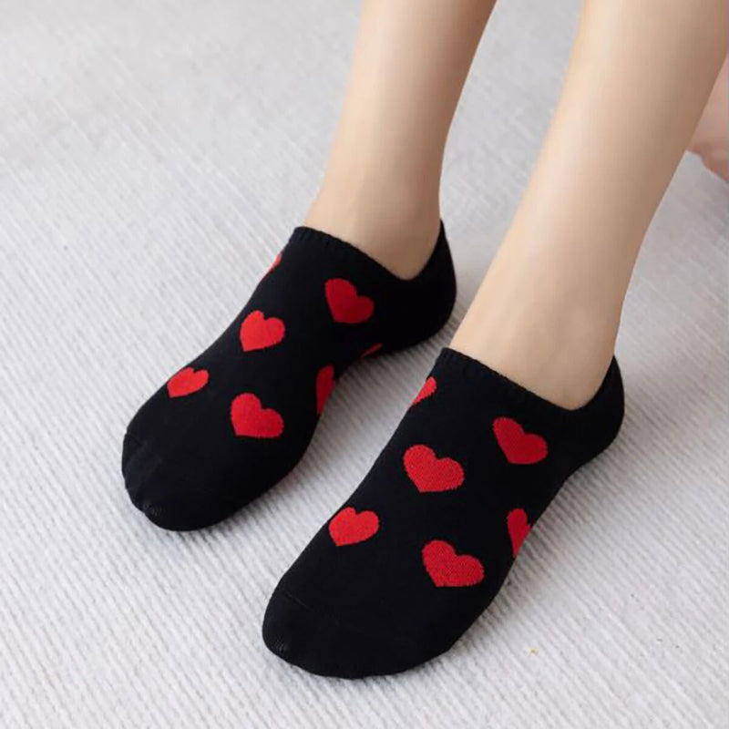 Anyfootwear 5 Pairs Size 36-39 Black with Red Hearts Fashion Socks High Quality Breathable Cotton Foor Wear for Ladies