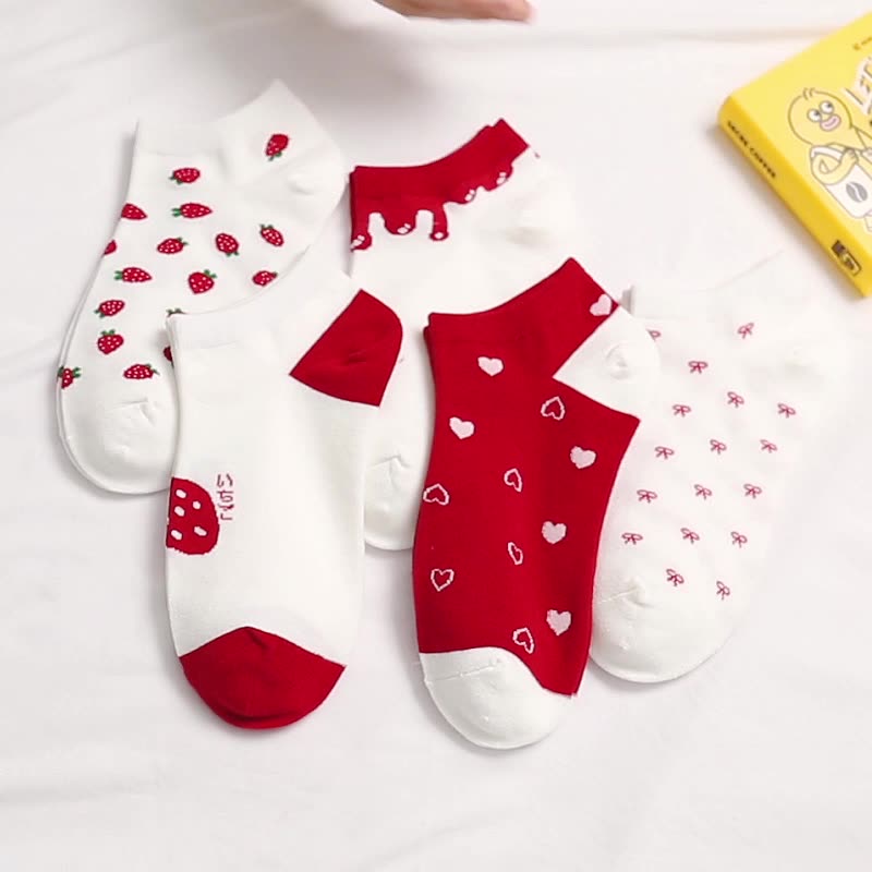 Anyfootwear 5 Pairs One Size 5-9 Mix Strawberry Liner Cotton And Spandex Socks With Fruit Creative Design Brand Perfect for Women
