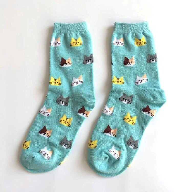 Anyfootwear 5 Pairs Sky Blue Cat Size 5-9 Fashion Socks High Quality Office Sports Bussiness Long Socks Cotton Solid Colors Skateboard Knitted Casual