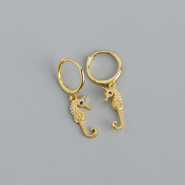 ANYCO Earrings Gold Plated Punk Blue Zircon Seahorse Stud For Women Teen Perfect Fashion Stylish Accessories Jewelry Gifts