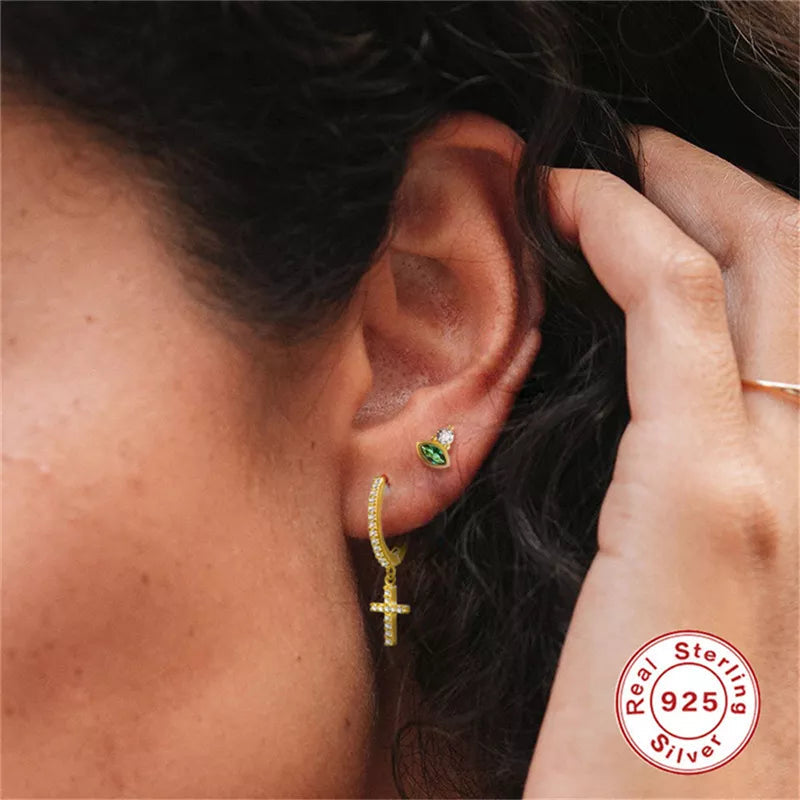 ANYCO Earrings Gold Plated Trendy Geometric White Zircon Cross Stud For Women Teen Fashion Stylish Accessories Jewelry Gifts
