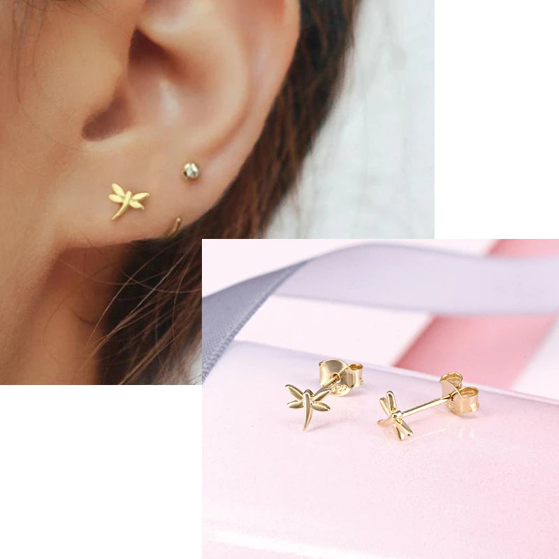 ANYCO Earrings Gold Plated Minimalist Cute Mini Elegant Dragonfly Stud For Women Teen Perfect Fashion Stylish Accessories Jewelry Gifts