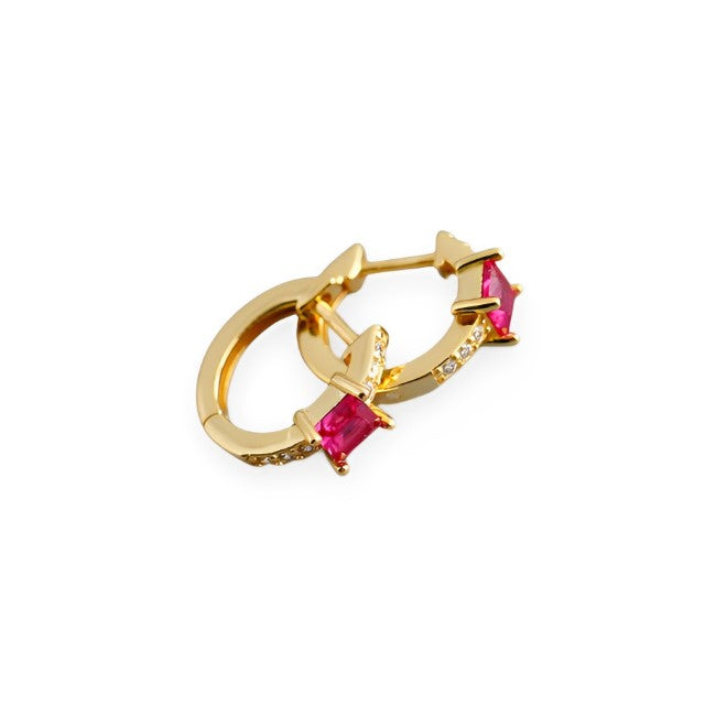 ANYCO Earrings Gold Plated Red Luxury Square CZ Round Ear Buckle  For Women Girl Teen Chic Fashion Stylish Accessories Jewelry Gifts