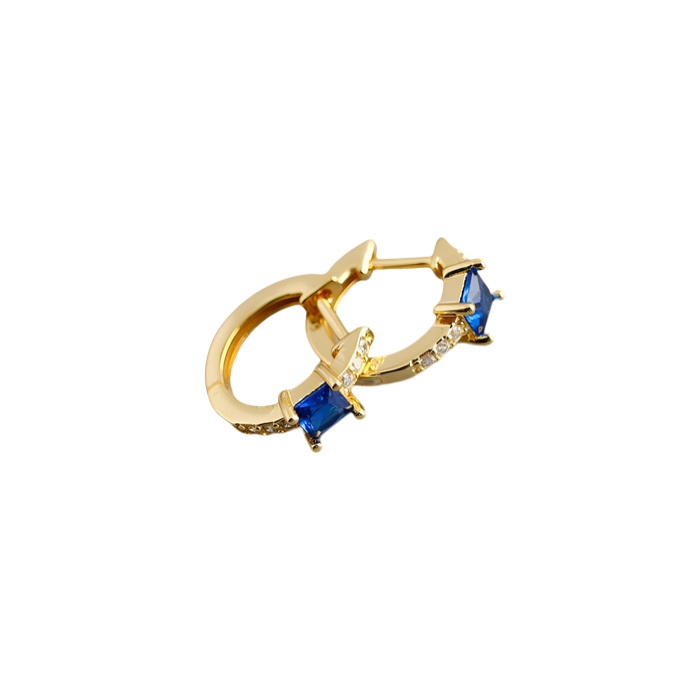 ANYCO Earrings Gold Plated Blue Luxury Square CZ  Round Ear Buckle  For Women Girl Teen Chic Fashion Stylish Accessories Jewelry Gifts