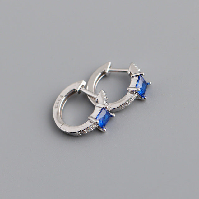 ANYCO  Earrings Sterling Silver Blue Luxury Square CZ Round Ear Buckle  For Women Girl Teen Chic Fashion Stylish Accessories Jewelry Gifts