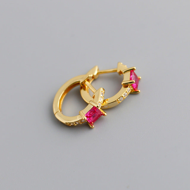 ANYCO Earrings Gold Plated Red Luxury Square CZ Round Ear Buckle  For Women Girl Teen Chic Fashion Stylish Accessories Jewelry Gifts
