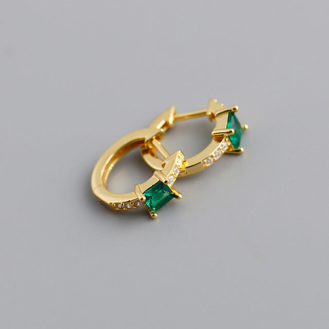 ANYCO  Earrings Gold Plated Green Luxury Square CZ Round Ear Buckle  For Women Girl Teen Chic Fashion Stylish Accessories Jewelry Gifts