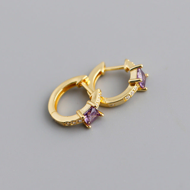 ANYCO Earrings Gold Plated Purple Luxury Square CZ Round Ear Buckle  For Women Girl Teen Chic Fashion Stylish Accessories Jewelry Gifts