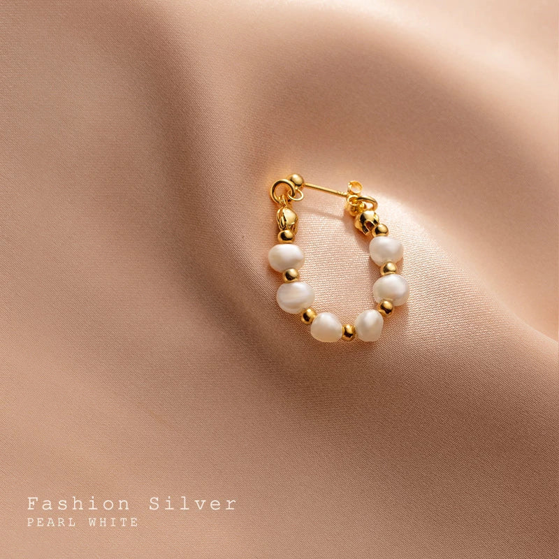 ANYCO Fashion Earrings Gold 925 Sterling Silver Bohemian Freshwater Baroque Pearl Circle Huggies for Women 18k Jewelry