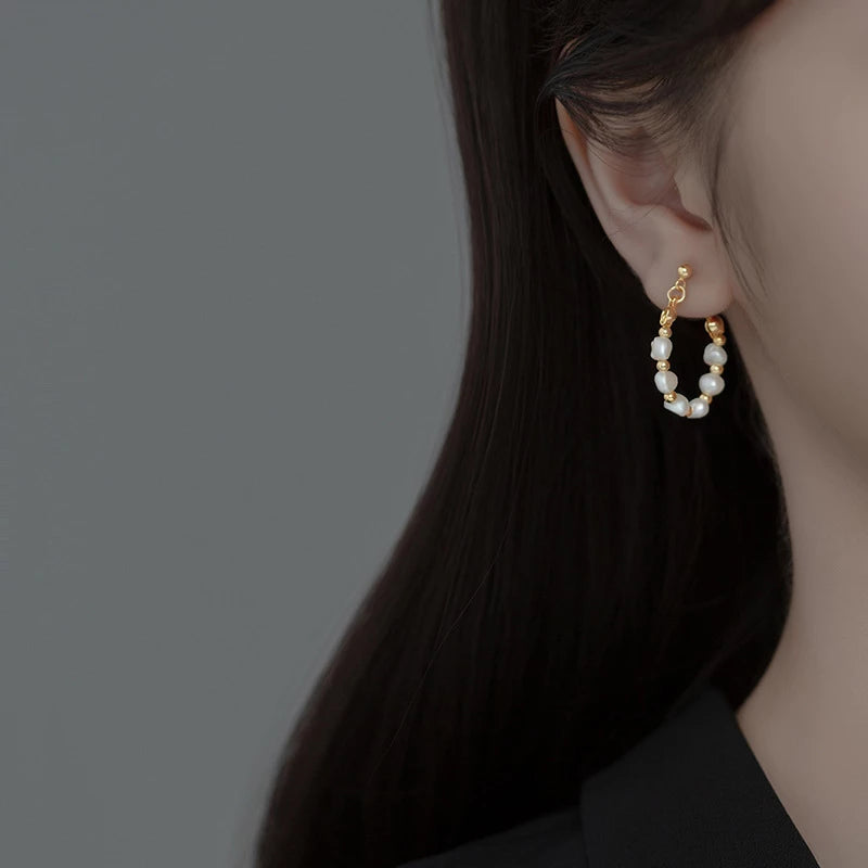 ANYCO Fashion Earrings Gold 925 Sterling Silver Bohemian Freshwater Baroque Pearl Circle Huggies for Women 18k Jewelry