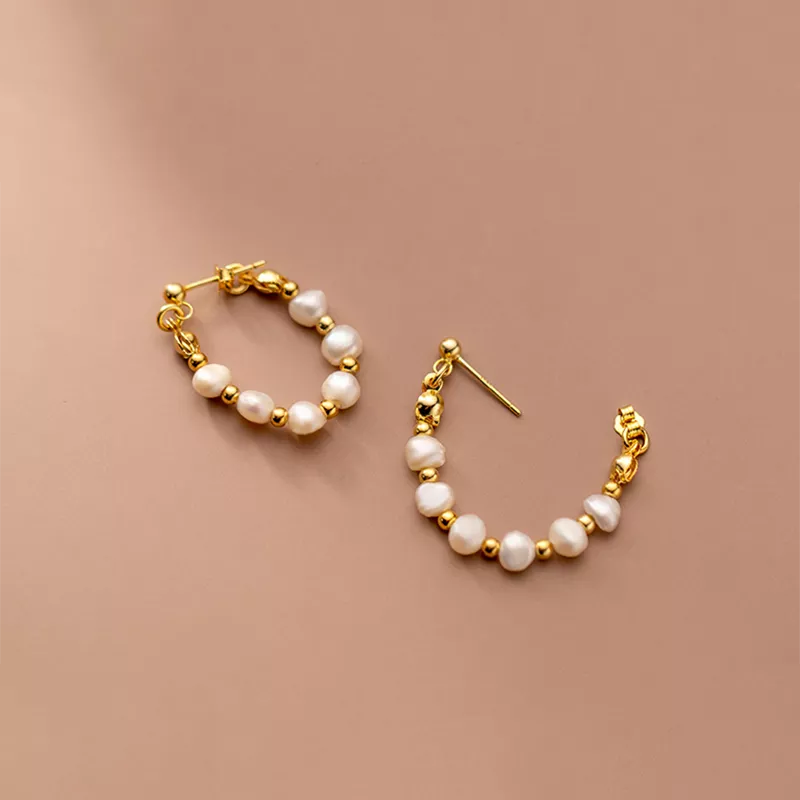 ANYCO Fashion Earrings Gold 925 Sterling Silver Bohemian Freshwater Baroque Pearl Circle Huggies for Women 18k Jewelry