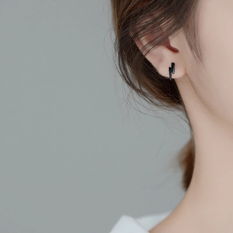 ANYCO Fashion Earrings Black 925 Sterling Silver Chic Charm Lightning Mini Small Stud for Women Punk Rock Black Minimalist Piercing Jewelry