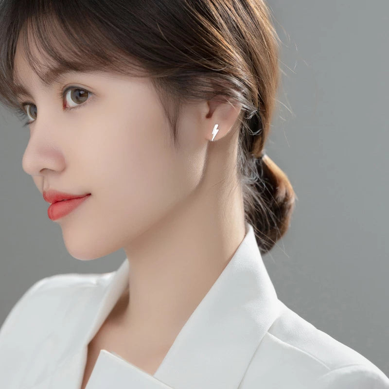 ANYCO Fashion Earrings Black 925 Sterling Silver Chic Charm Lightning Mini Small Stud for Women Punk Rock Black Minimalist Piercing Jewelry