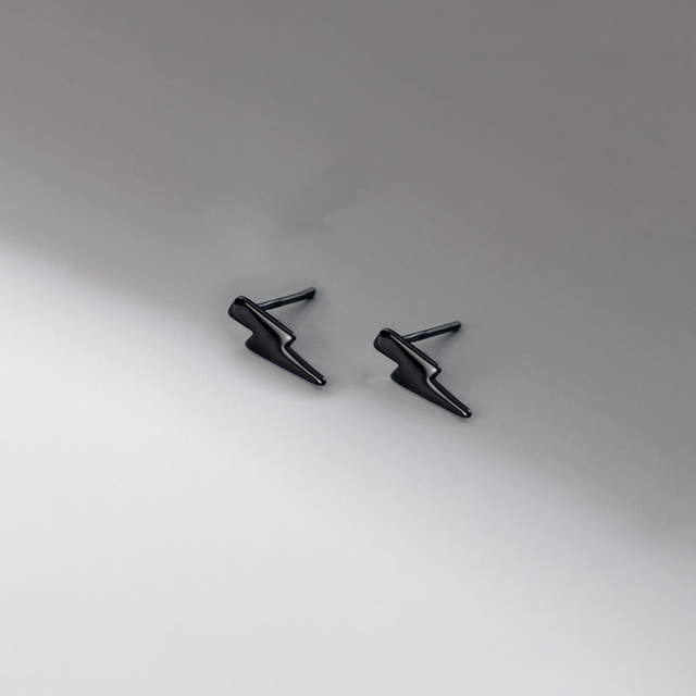 ANYCO Fashion Earrings Black 925 Sterling Silver Chic Charm Lightning Mini Small Stud for Women Punk Rock Black Minimalist Piercing Jewelry