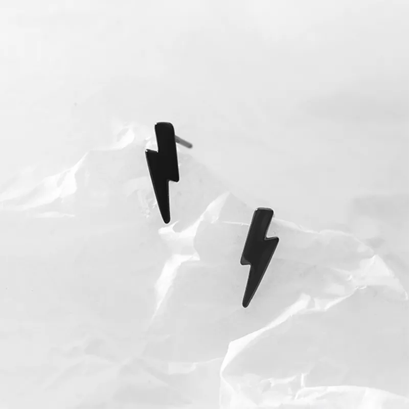 ANYCO Fashion Earrings Black 925 Sterling Silver Chic Charm Lightning Mini Small Stud for Women Punk Rock Black Minimalist Piercing Jewelry