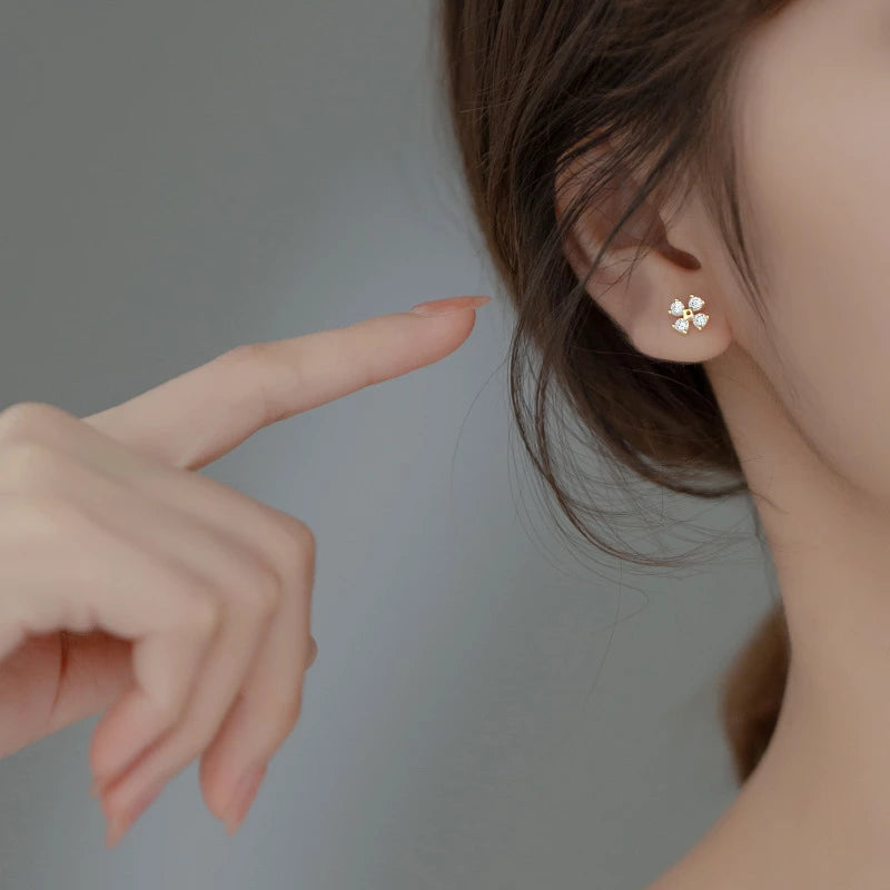ANYCO Fashion Earrings Gold 925 Sterling Silver Luxury Zircon Clover Flower Mini Small Stud for Women Simple Jewelry Accessories