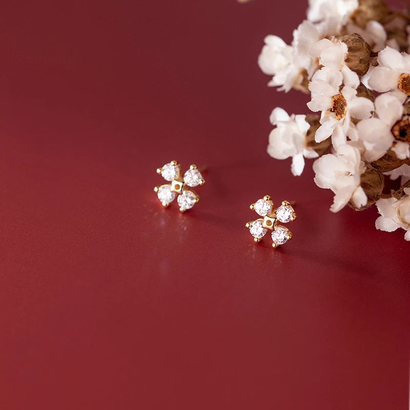 ANYCO Fashion Earrings Silver 925 Sterling Silver Luxury Zircon Clover Flower Mini Small Stud for Women Simple Jewelry Accessories