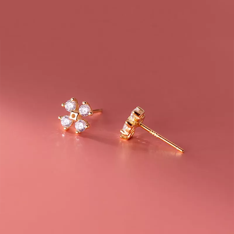 ANYCO Fashion Earrings Gold 925 Sterling Silver Luxury Zircon Clover Flower Mini Small Stud for Women Simple Jewelry Accessories