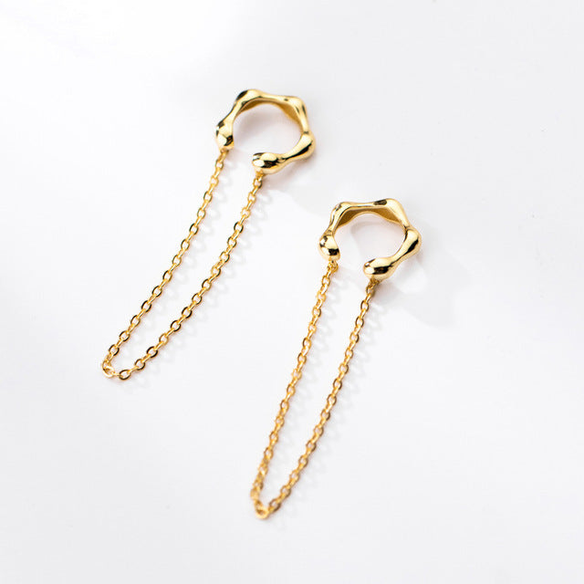 ANYCO Fashion Earrings Gold 925 Sterling Silver Punk Cuban Link Chain Bamboo Tassel Ear Cuffs Simple Bohemian Ear Clip Jewelry