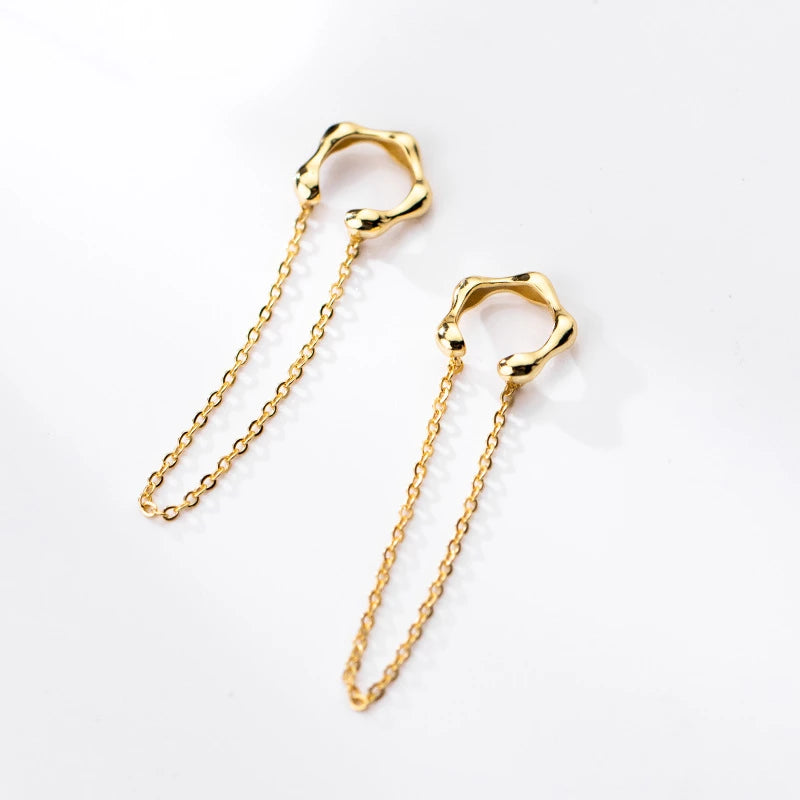 ANYCO Fashion Earrings Gold 925 Sterling Silver Punk Cuban Link Chain Bamboo Tassel Ear Cuffs Simple Bohemian Ear Clip Jewelry