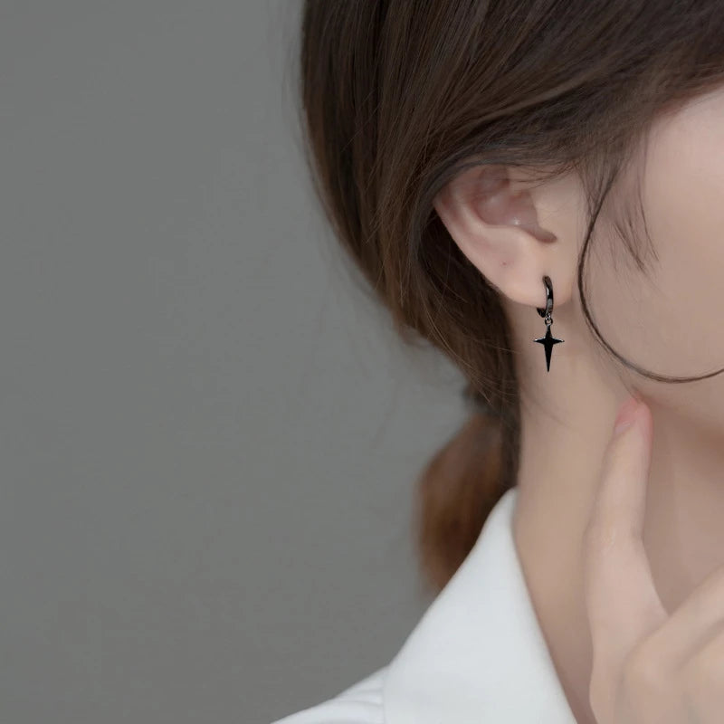 ANYCO Fashion Earrings Black 925 Sterling Silver Rock Men's Hanging Simple Black CCross Women Jewelry Accessories