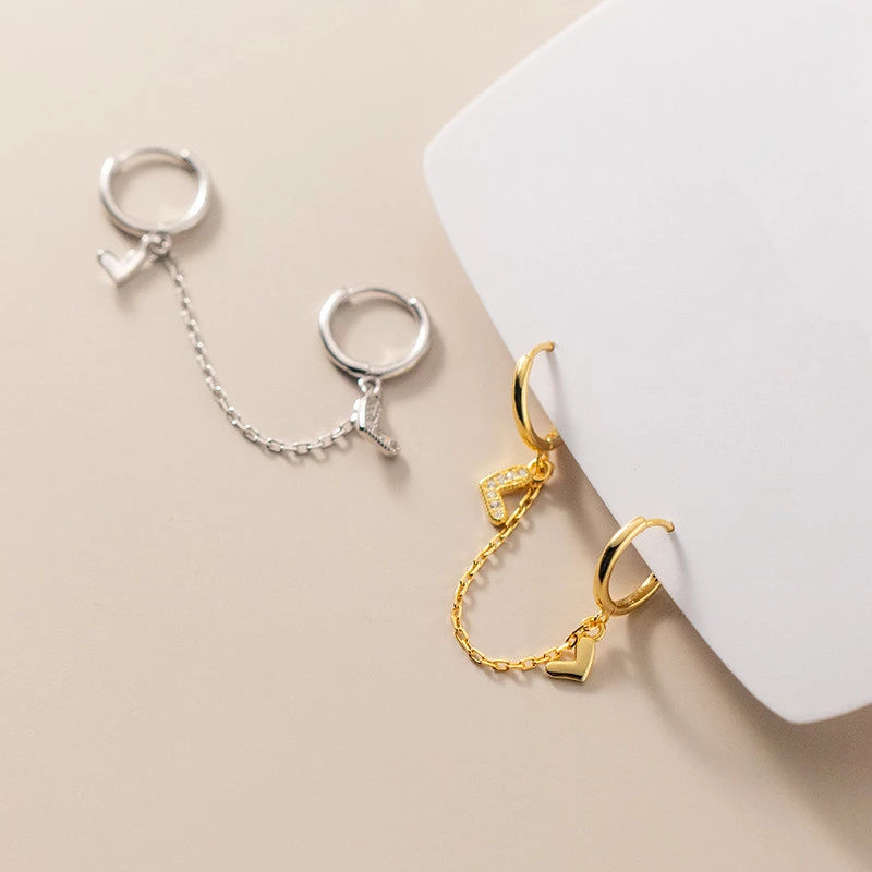 ANYCO Fashion Earrings Gold 925 Sterling Silver Unique Love Heart Chain Charm for Women Bohemian Fine Party Ear Buckle Jewelry