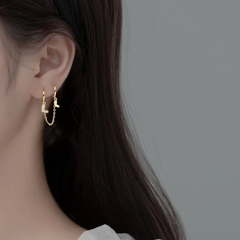 ANYCO Fashion Earrings Gold 925 Sterling Silver Unique Love Heart Chain Charm for Women Bohemian Fine Party Ear Buckle Jewelry